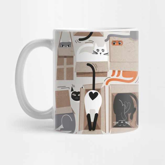 Purfect feline architecture // pattern // beige background cute cats in cardboard boxes by SelmaCardoso